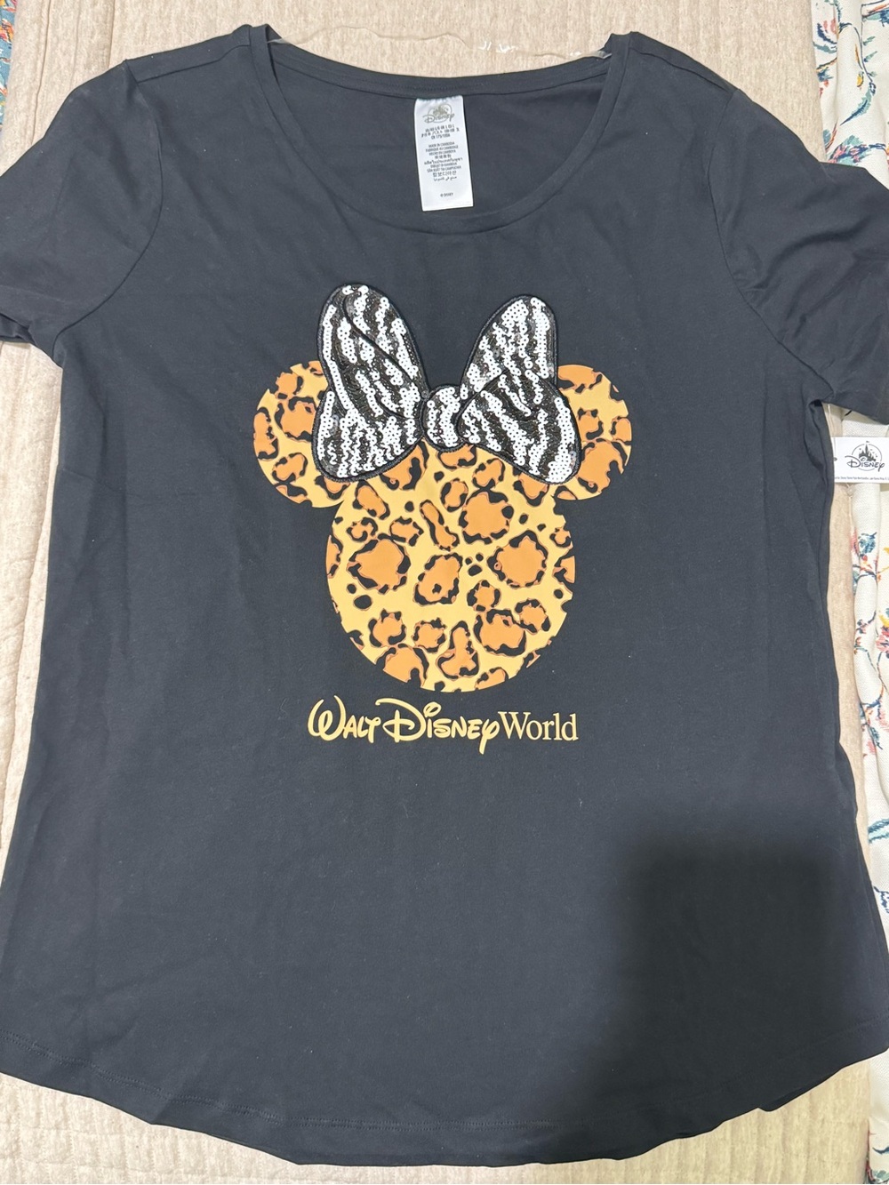 Disney Women’s Short Sleeve Tee Animal Print Minnie Icon With Sequin Bow
